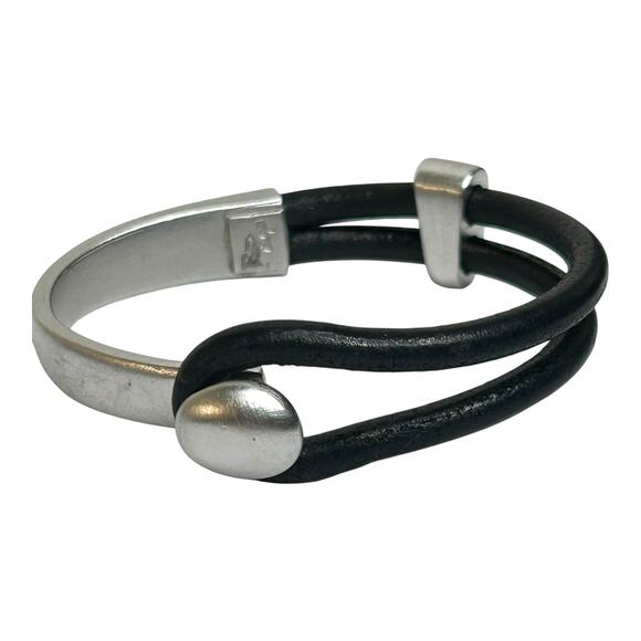 Erica Zap Platinum Plated Pewter Lasso Knob & Slide Black Leather Bracelet Mens - Picture 1 of 5